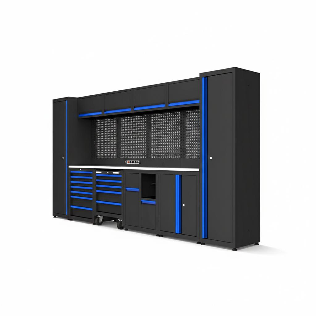 Bold Series custom colour handle set for garage cabinets in vibrant blue, designed for pre-set garage storage solutions.