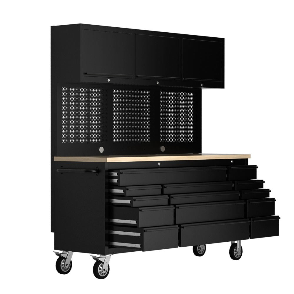 GT 1.8M x 2M (Tall) Black Matte Rolling Workbench with Overhead Storage & Power Board (600mm Deep Bench-top) - Premium Garage Cabinets - Rolling from GT - Just $1699! Shop now at GTools