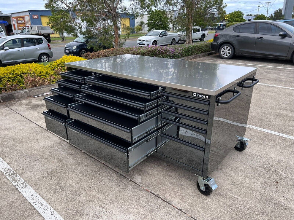 GTX Pro Series black gloss steel island workbench with stainless steel top, 1.8m x 1m rolling garage cabinet for workshop use