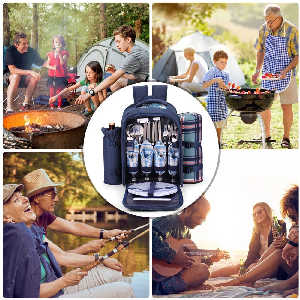 4-Person Picnic Bag Backpack with a Rug, Bottle Holder & Accessories - GTools