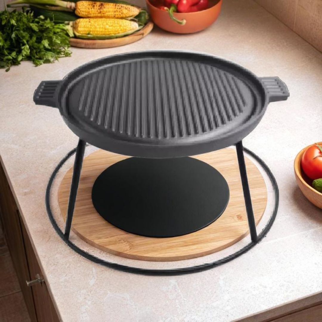 Heavy-Duty 35cm Cast Iron BBQ Grill Pan Set – Large Non-Stick Plate with Stand. - GTools