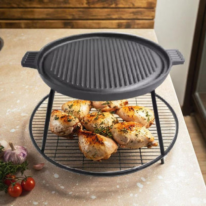 Heavy-Duty 35cm Cast Iron BBQ Grill Pan Set – Large Non-Stick Plate with Stand. - GTools