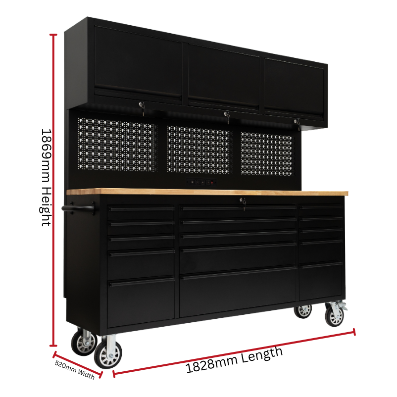 PREMIUM FEATURES ADDED 1.8M Black Matte Steel 15-Drawer Workbench Combo- Power Point - GTools