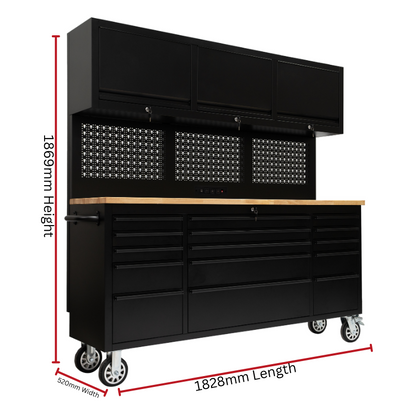 PREMIUM FEATURES ADDED 1.8M Black Matte Steel 15-Drawer Workbench Combo- Power Point - GTools