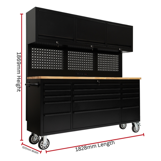 PREMIUM FEATURES ADDED 1.8M Black Matte Steel 15-Drawer Workbench Combo- Power Point - GTools