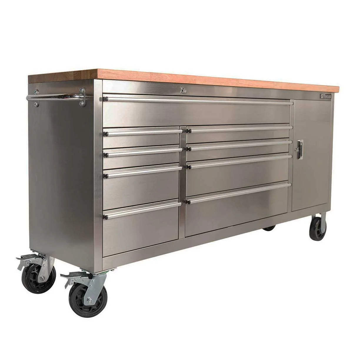 GTX 1.8M Stainless Steel Workbench, 9 Drawers & Cabinet (Wood Top) - GTools
