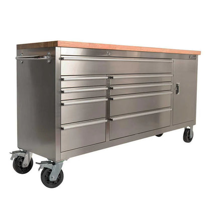 GTX 1.8M Stainless Steel Workbench, 9 Drawers & Cabinet (Wood Top) - GTools