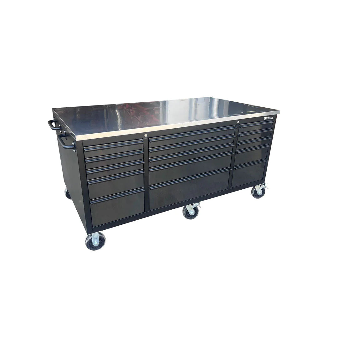 GTX Pro Series 1.8M x 1M Large Black Gloss Tinted Steel Island Workbench – Stainless Steel Top