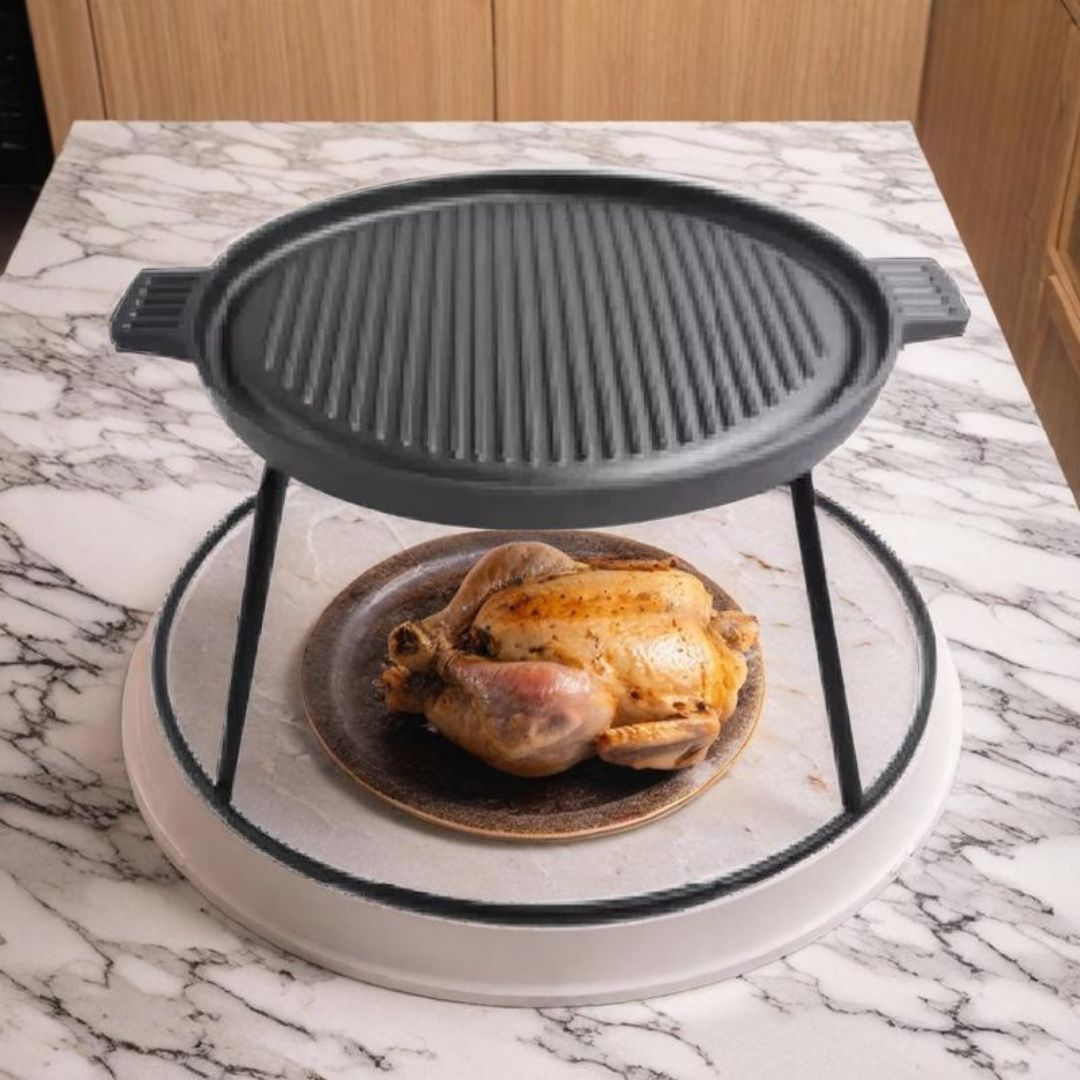Heavy-Duty 35cm Cast Iron BBQ Grill Pan Set – Large Non-Stick Plate with Stand. - GTools