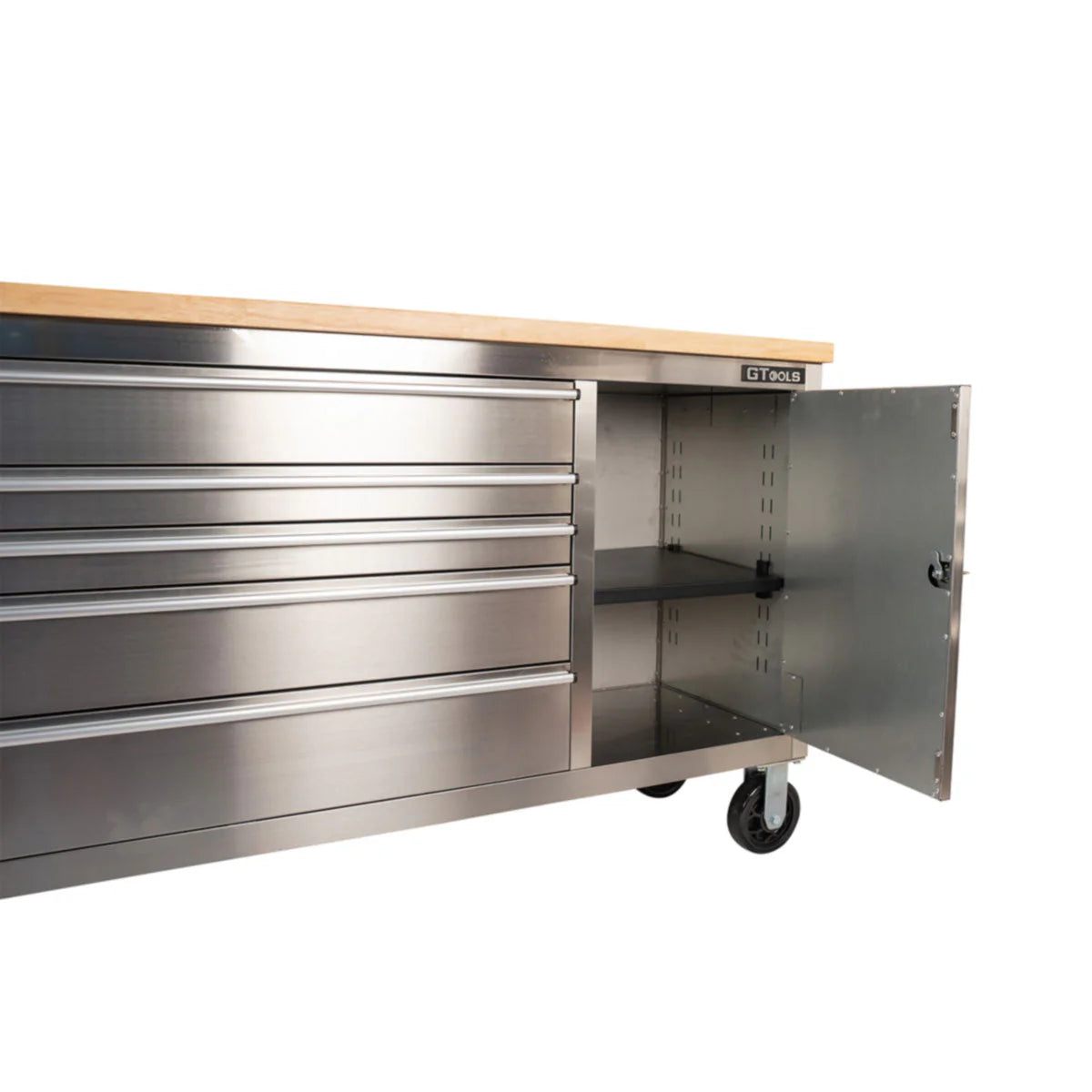 GTX 1.8M Stainless Steel Workbench, 9 Drawers & Cabinet (Wood Top) - GTools