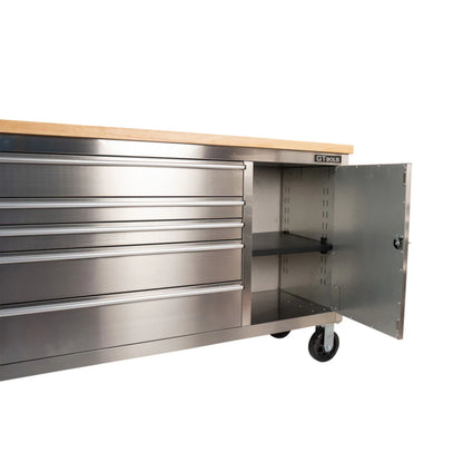 GTX 1.8M Stainless Steel Workbench, 9 Drawers & Cabinet (Wood Top) - GTools