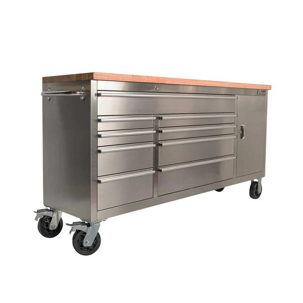 GTX 1.8M Stainless Steel Workbench, 9 Drawers & Cabinet (Wood Top) - GTools