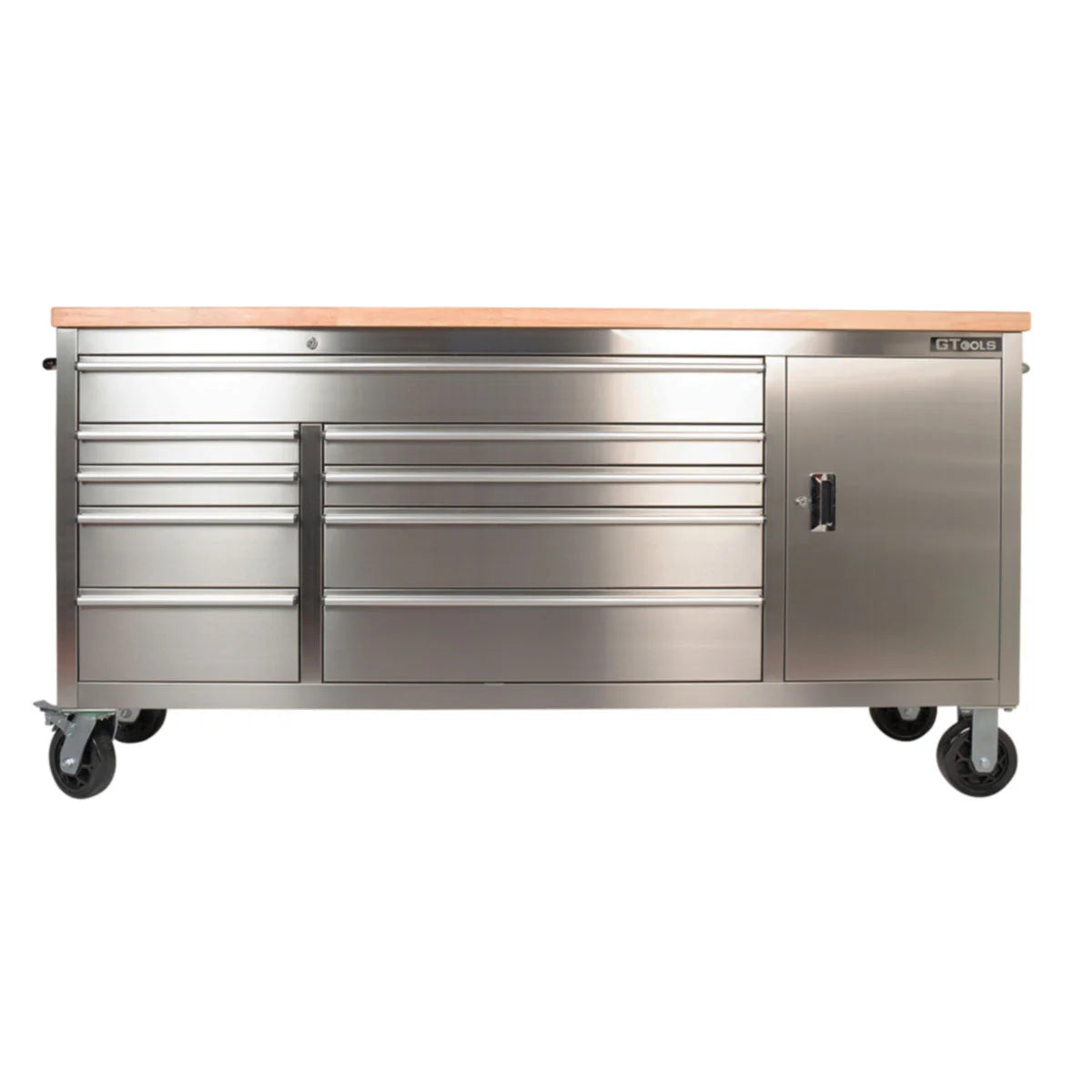 GTX 1.8M Stainless Steel Workbench, 9 Drawers & Cabinet (Wood Top) - GTools