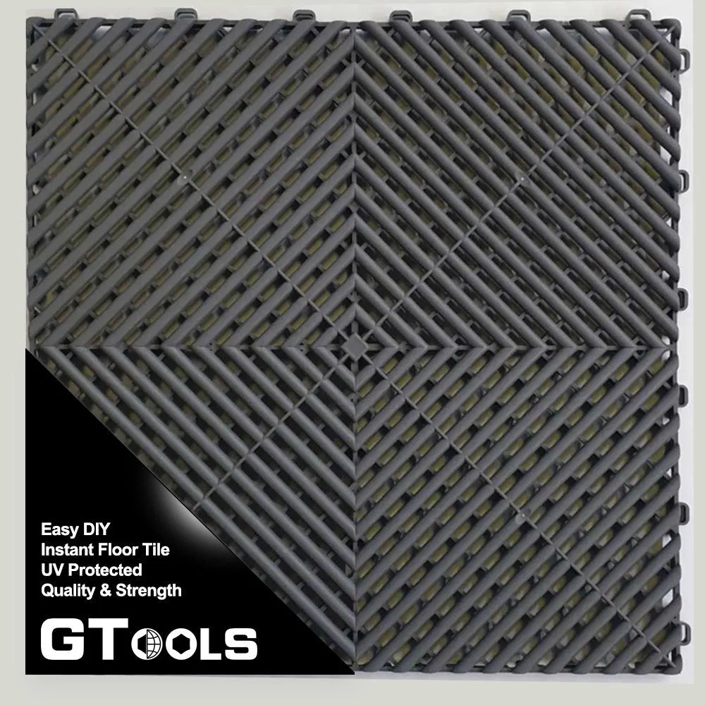 Dark grey 400 series ribbed garage floor tiles from Tile, 15-piece DIY modular garage flooring set.