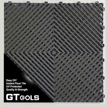 Dark grey 400 series ribbed garage floor tiles from Tile, 15-piece DIY modular garage flooring set.