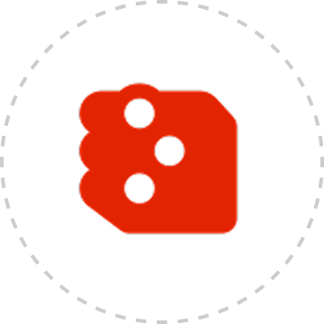 A bright red stylized die icon with three black dots on a solid black background.