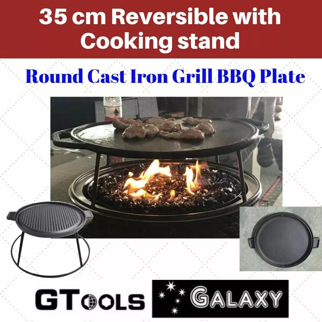 Heavy-Duty 35cm Cast Iron BBQ Grill Pan Set – Large Non-Stick Plate with Stand. - GTools