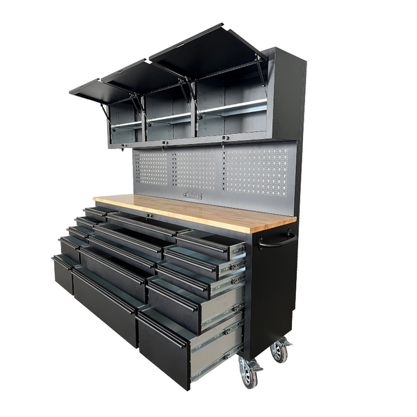 Black matte steel GT garage workbench combo with 15 rolling drawers and power point, measuring 1.8m by 1.8m tall.