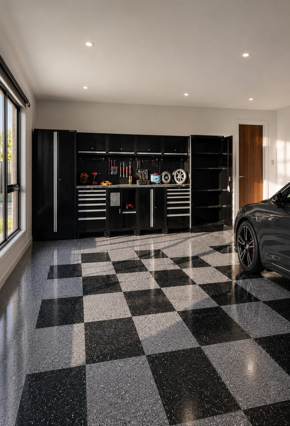 Sleek modern garage with black tool cabinets, a workbench, and a glossy black-and-grey checkered epoxy floor.