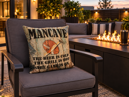 Football-themed wall cushion cover featuring a cozy man cave design, perfect for sports and football enthusiasts.