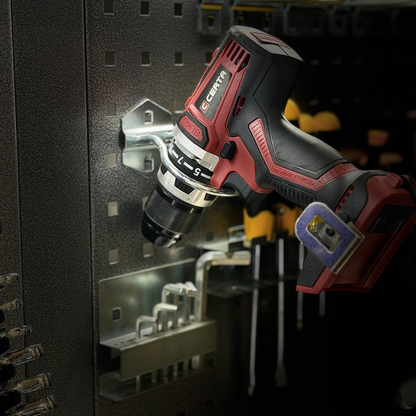 A drill stored on the round hooks