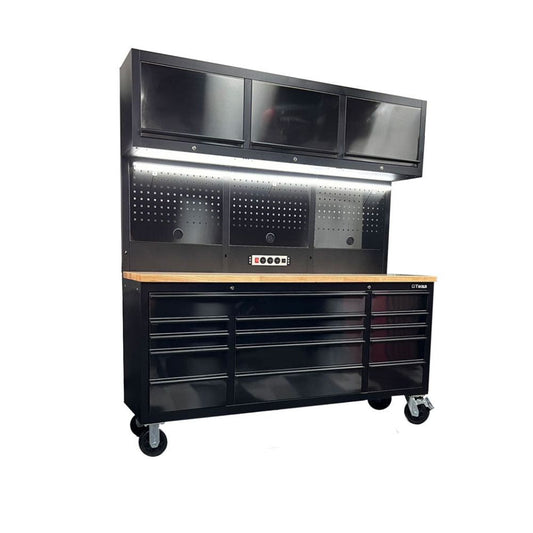 GTX Pro Series 1.8M x 2M (Tall) Black Gloss Tinted Workbench Combo with Mega Drawer - GTools