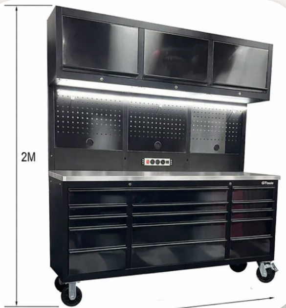 GTX Pro Series 1.8M x 2M (Tall) Black Gloss Tinted Workbench Combo with Mega Drawer (Stainless Steel Top) Power Board - GTools