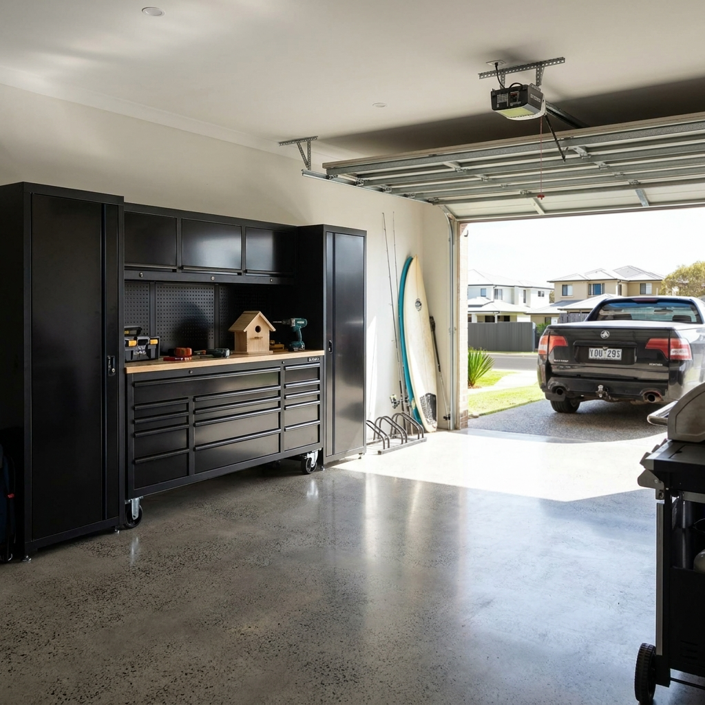 Black gloss tinted steel garage tool storage and tall rolling cabinet set from GTX Pro Series, 3M x 2M size, sturdy and functional.