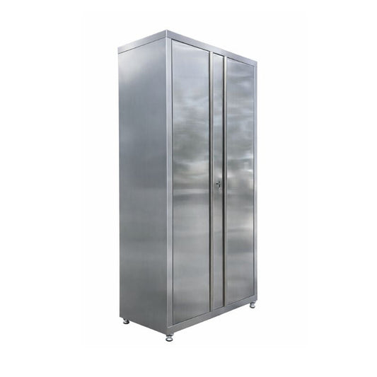 A tall stainless steel double-door storage cabinet with a brushed metal finish and small caster wheels at the base, shown on a plain white background.