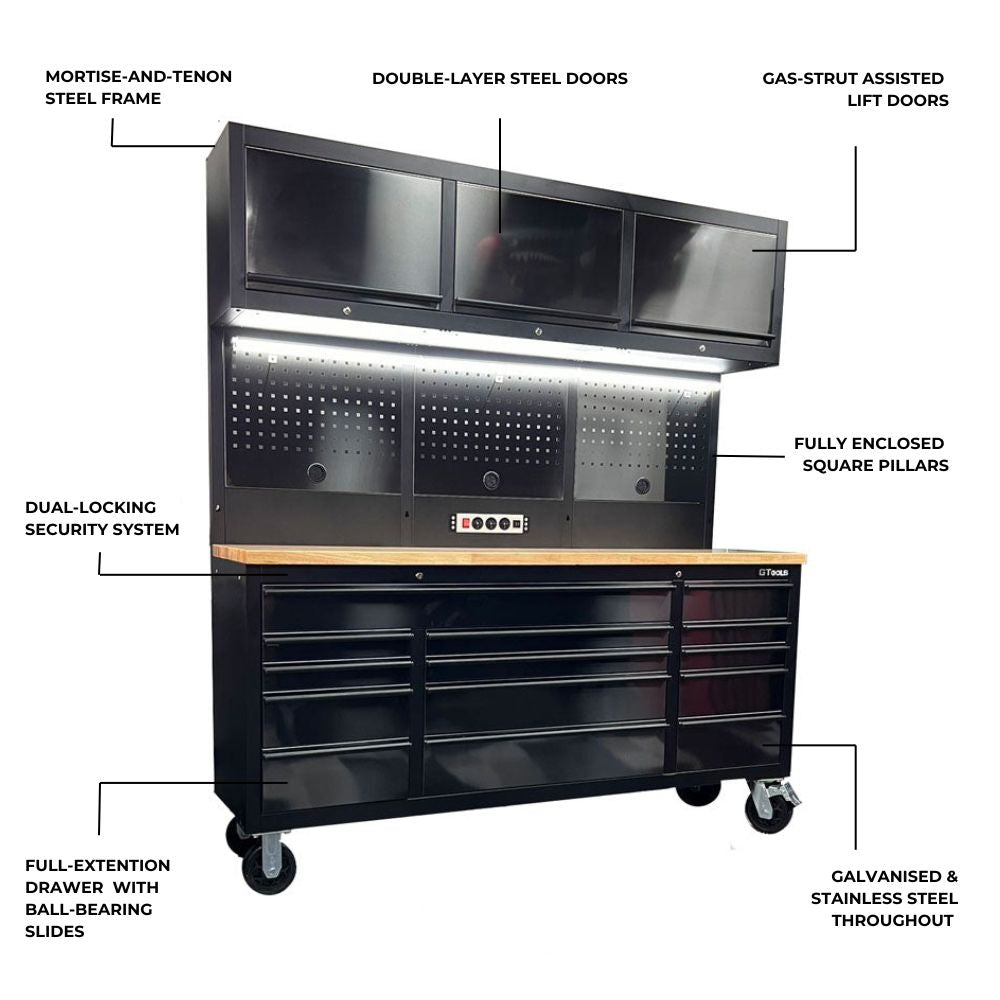 GTX Pro Series 1.8M x 1M Large Black Gloss Tinted Steel Island Workbench – Stainless Steel Top - GTools