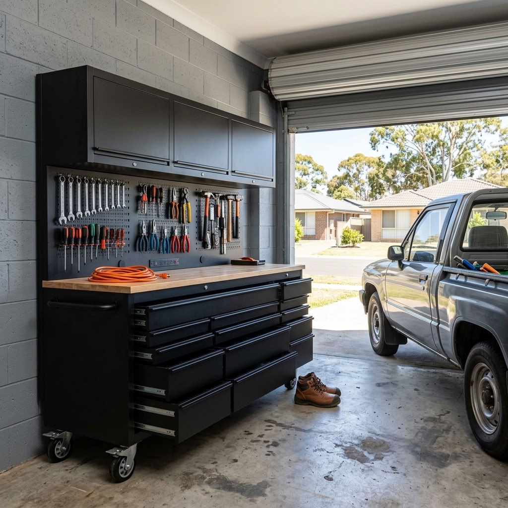 GT Series 1.8M x 1.8M (Tall) Black Matte Steel 15-Drawer Workbench Combo - Power Point