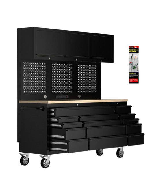 GT Series 1.8M x 2M (Tall) Black Matte Steel 15-Drawer Extra Deep Workbench Combo - Power Point - GTools
