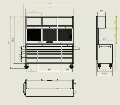 GT Series 1.8M x 2M (Tall) Black Matte Steel 15-Drawer Extra Deep Workbench Combo - Power Point - GTools