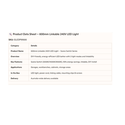 600mm Linkable LED Lighting with Power Cord- 3 Mood Settings