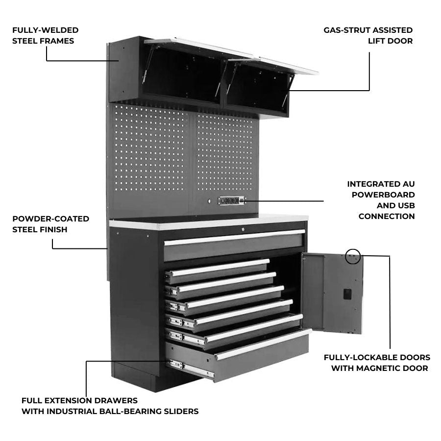 Standard Series 2M Modular Workbench, Drawers, Pegboard & Overhead Cabinet Set - GT680G-COMBO - GTools