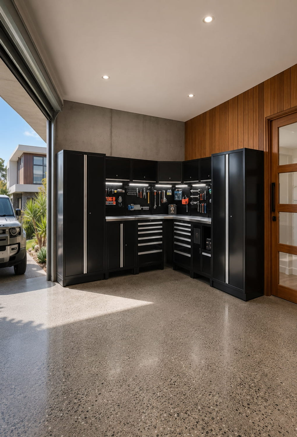 A modern garage interior featuring a black modular tool cabinet and storage units with drawers, shelving, and integrated lighting. The space has a polished concrete floor, wood-paneled walls, and an open garage door on the left showing a vehicle outside.