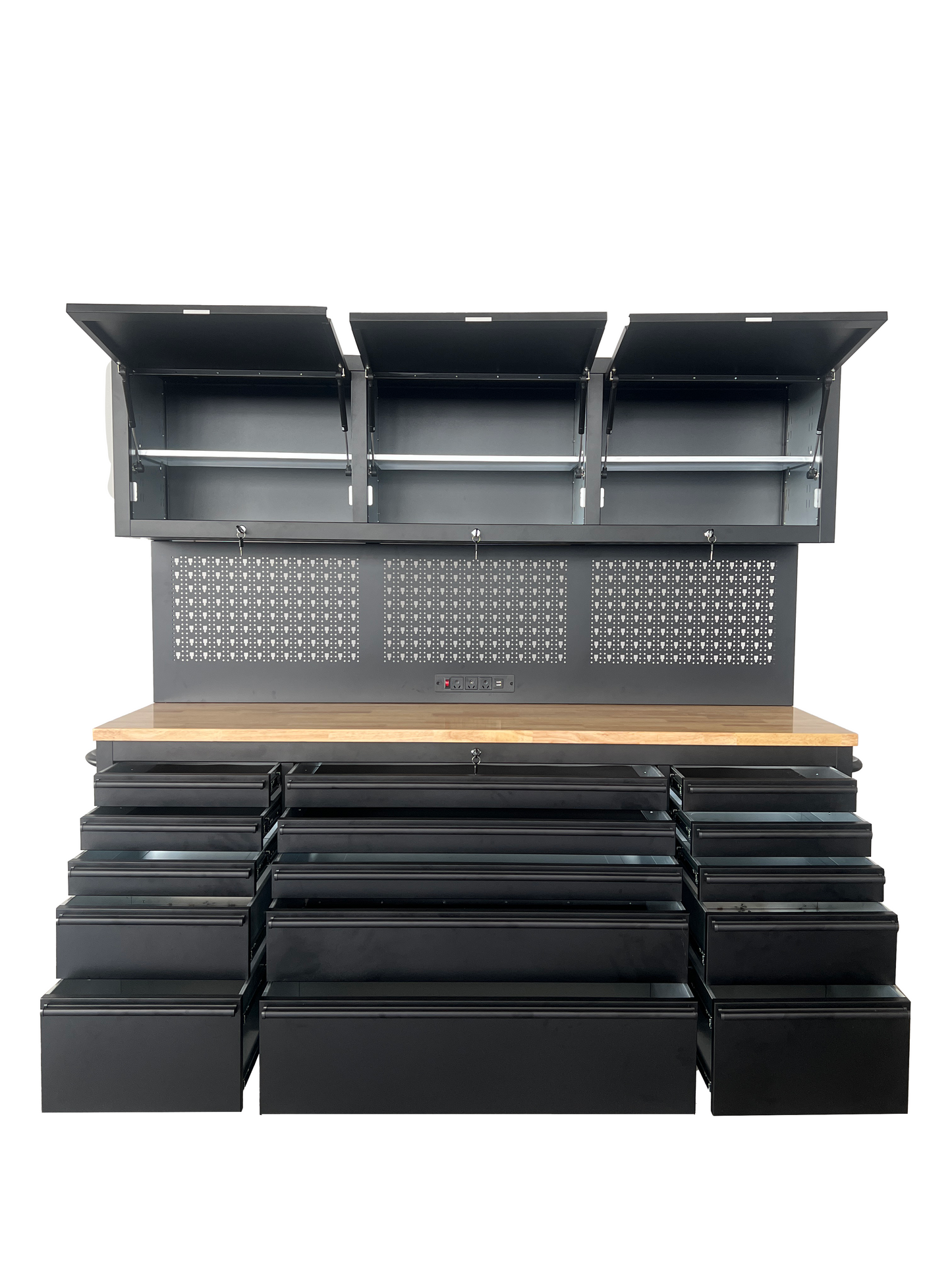PREMIUM FEATURES ADDED 1.8M Black Matte Steel 15-Drawer Workbench Combo- Power Point - GTools