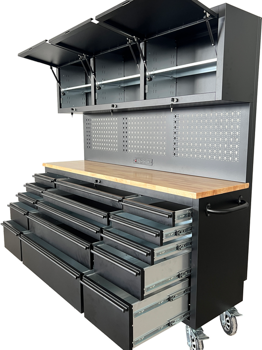 GT Series 1.8M x 1.8M (Tall) Black Matte Steel 15-Drawer Workbench Combo - Power Point