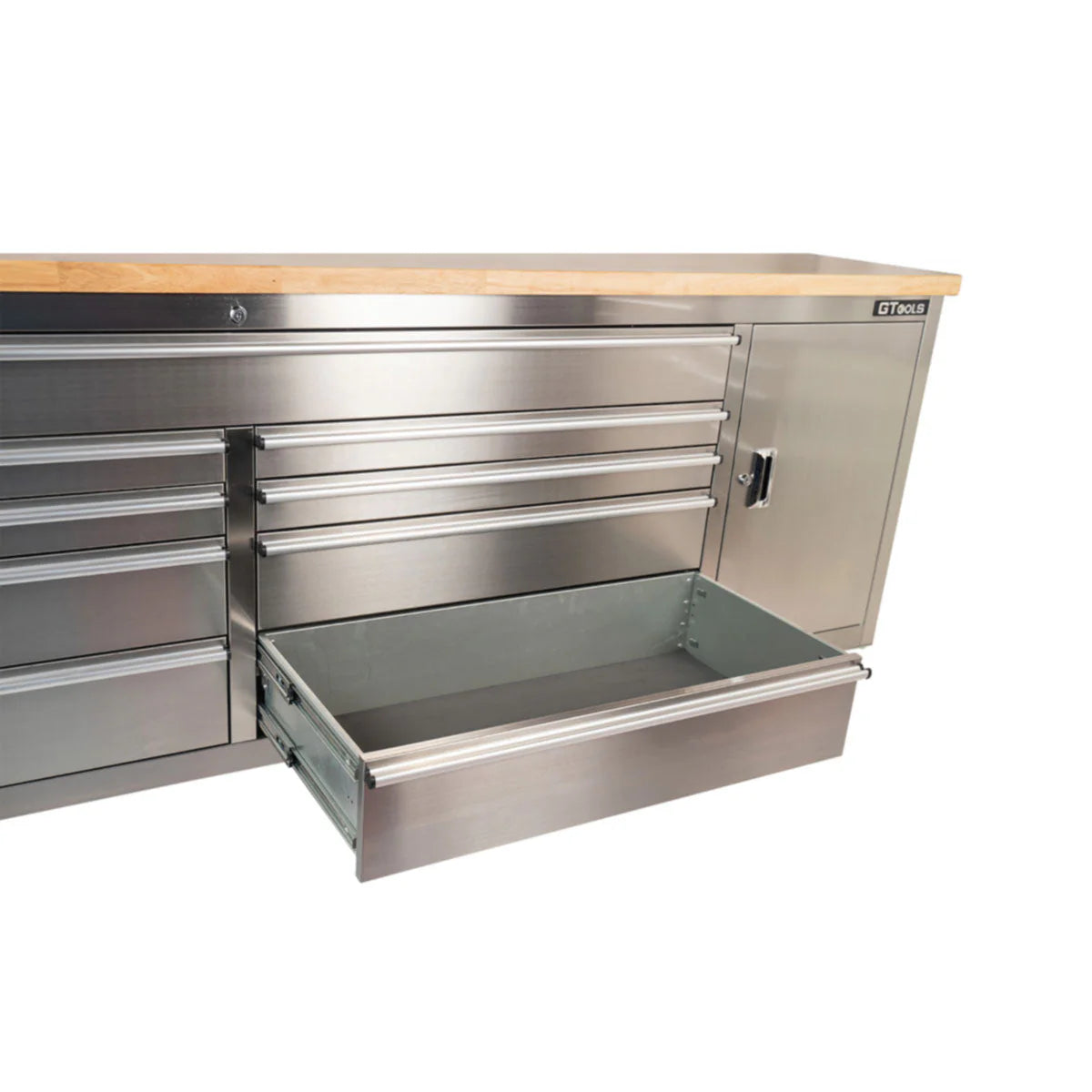 GTX 1.8M Stainless Steel Workbench, 9 Drawers & Cabinet (Wood Top) - GTools