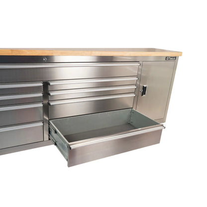 GTX 1.8M Stainless Steel Workbench, 9 Drawers & Cabinet (Wood Top) - GTools