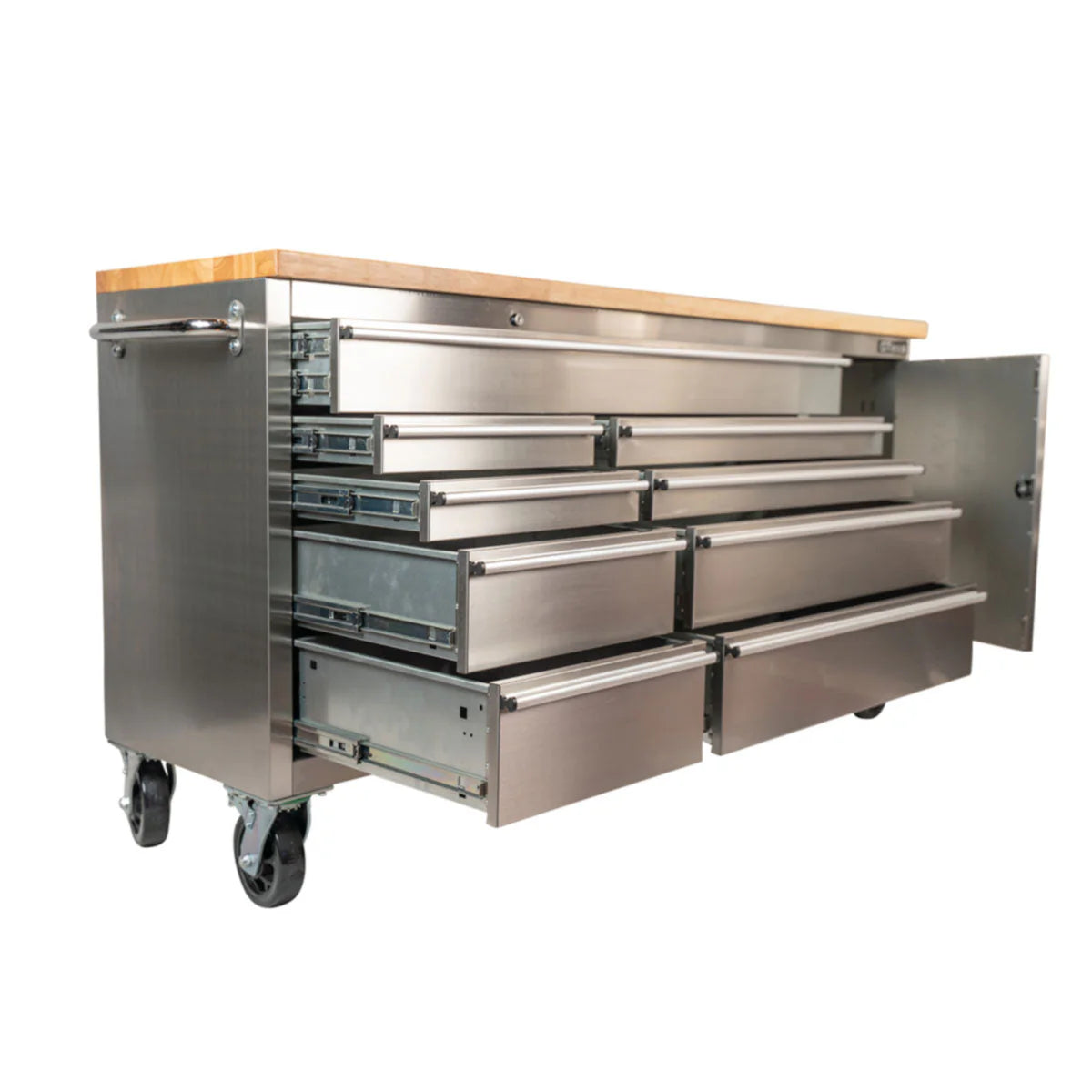 GTX 1.8M Stainless Steel Workbench, 9 Drawers & Cabinet (Wood Top) - GTools