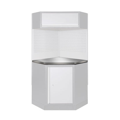 Stainless steel corner cabinet from Standard Standard Series with durable bench top and storage cabinets for industrial or workshop use.