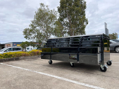 GTX Pro Series 1.8M x 1M Large Black Gloss Tinted Steel Island Workbench – Stainless Steel Top